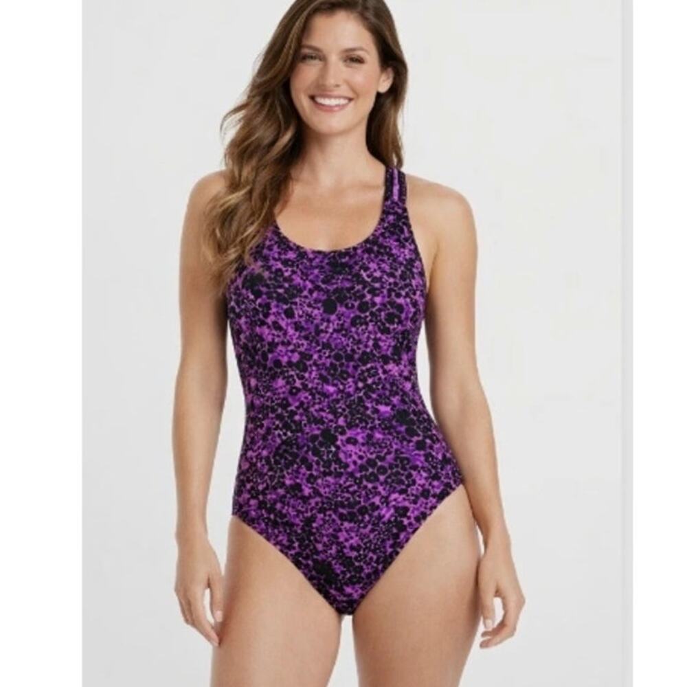 Speedo Size 10 Swimsuit One-Piece Purple Black Abstract Athletic-Style Racerback